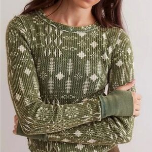 We The Free Free People Olive and Cream Waffle Knit Top
